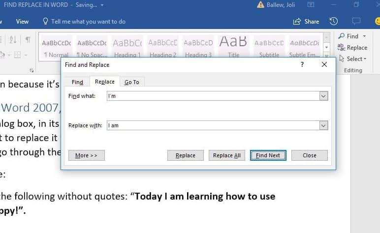 how to find and replace in word